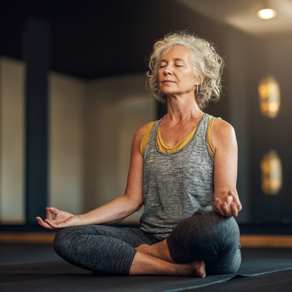 Woman in her fifties practicing peaceful yoga meditation pose in serene studio environment